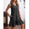 image:imageCHARTOU Women Ruffle Hem Denim Dress Summer Sleeveless Button Down Jean Vest Dress with PocketsBlack