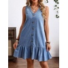 image:imageCHARTOU Women Ruffle Hem Denim Dress Summer Sleeveless Button Down Jean Vest Dress with PocketsBlue