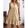 image:imageCHARTOU Women Ruffle Hem Denim Dress Summer Sleeveless Button Down Jean Vest Dress with PocketsKhaki