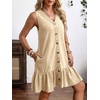 image:imageCHARTOU Women Ruffle Hem Denim Dress Summer Sleeveless Button Down Jean Vest Dress with PocketsKhaki