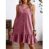 image:imageCHARTOU Women Ruffle Hem Denim Dress Summer Sleeveless Button Down Jean Vest Dress with PocketsRed