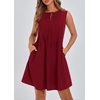 image:imageCHARTOU Women Summer Bow Tie Front Pleated Mini Babydoll Dress Crewneck Casual Sleeveless Short Dress PocketsBurgundy