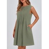 image:imageCHARTOU Women Summer Bow Tie Front Pleated Mini Babydoll Dress Crewneck Casual Sleeveless Short Dress PocketsOlive