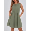 image:imageCHARTOU Women Summer Bow Tie Front Pleated Mini Babydoll Dress Crewneck Casual Sleeveless Short Dress PocketsOlive