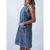 image:imageCHARTOU Women Summer Fringed Denim Midi Dress Crewneck Sleeveless Back Zip Shift Jean Dress with PocketsBlue