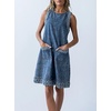 image:imageCHARTOU Women Summer Fringed Denim Midi Dress Crewneck Sleeveless Back Zip Shift Jean Dress with PocketsBlue