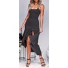 image:imageCHARTOU Womens Stretchy Spaghetti Straps High Slit Irregular Ruffled Bodycon Midi Long Mermaid DressBlack