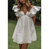 image:imageCHARTOU Womens Summer Cotton Ruffle Sleeve Short Dress Sexy V Neck Backless Puffy Pleated Babydoll DressWhite