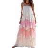image:imageCHARTOU Women Ombre Tiered Lace Long Dress Spaghetti Strap Crisscross Backless Flowy Tulle Beach Party DressPink