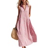 image:imageCHARTOU Women Plaid Maxi Dress Summer Gingham Lapel Sleeveless Button Down Sun Dress with PocketsPink