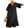 image:imageCHARTOU Women Puff Sleeve Eyelet Lace Dress Summer Ruffle Tie Front Long Flowy Tunic Dress with PocketsBlack