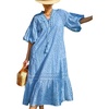 image:imageCHARTOU Women Puff Sleeve Eyelet Lace Dress Summer Ruffle Tie Front Long Flowy Tunic Dress with PocketsBlue