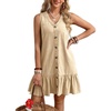 image:imageCHARTOU Women Ruffle Hem Denim Dress Summer Sleeveless Button Down Jean Vest Dress with PocketsKhaki