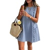 image:imageCHARTOU Women Sleeveless Short Shift Dress Summer Loose Tunic Cute Ruffle Trim Tank Dress with PocketsBlue