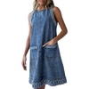 image:imageCHARTOU Women Summer Fringed Denim Midi Dress Crewneck Sleeveless Back Zip Shift Jean Dress with PocketsBlue