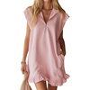 image:imageCHARTOU Women Summer Half Zip Mini Dress Ruffle Tunic Sporty Cap Sleeve Collared Sweatshirt Dress with PocketsPink