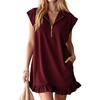 image:imageCHARTOU Women Summer Half Zip Mini Dress Ruffle Tunic Sporty Cap Sleeve Collared Sweatshirt Dress with PocketsWine