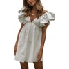 image:imageCHARTOU Womens Summer Cotton Ruffle Sleeve Short Dress Sexy V Neck Backless Puffy Pleated Babydoll DressWhite