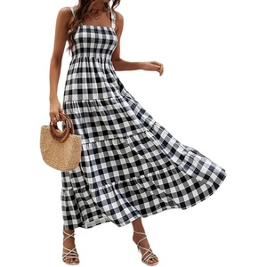 image:imageCHARTOU Plaid Summer Dresses for Women Spaghetti Strap Smocked Tiered Flounce Flowy Long DressBlack