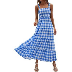 image:imageCHARTOU Plaid Summer Dresses for Women Spaghetti Strap Smocked Tiered Flounce Flowy Long DressBlue