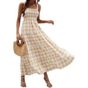image:imageCHARTOU Plaid Summer Dresses for Women Spaghetti Strap Smocked Tiered Flounce Flowy Long DressKhaki