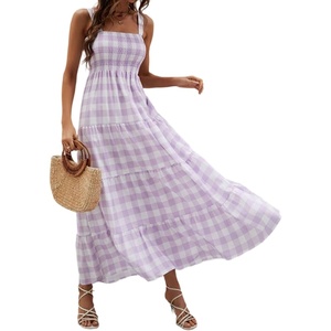 image:imageCHARTOU Plaid Summer Dresses for Women Spaghetti Strap Smocked Tiered Flounce Flowy Long DressPurple