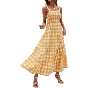 image:imageCHARTOU Plaid Summer Dresses for Women Spaghetti Strap Smocked Tiered Flounce Flowy Long DressYellow