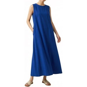 image:imageCHARTOU Summer Linen Maxi Dress Casual Shift Sleeveless Tank Sundress Beach Dresses with PocketsBlue