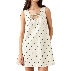 image:imageCHARTOU Women Cute Denim Mini Dress Summer Tie Front Polka Dot Jean Tank A Line Shift Dress with PocketsBlue Polka Dot