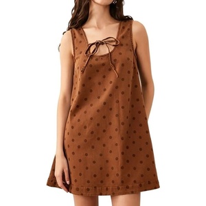 image:imageCHARTOU Women Cute Denim Mini Dress Summer Tie Front Polka Dot Jean Tank A Line Shift Dress with PocketsCaramel