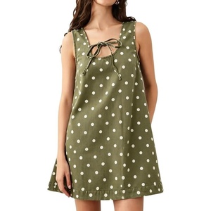 image:imageCHARTOU Women Cute Denim Mini Dress Summer Tie Front Polka Dot Jean Tank A Line Shift Dress with PocketsGreen