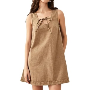 image:imageCHARTOU Women Cute Denim Mini Dress Summer Tie Front Polka Dot Jean Tank A Line Shift Dress with PocketsKhaki