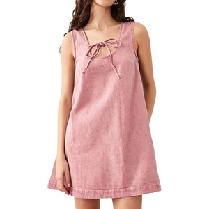image:imageCHARTOU Women Cute Denim Mini Dress Summer Tie Front Polka Dot Jean Tank A Line Shift Dress with PocketsPink