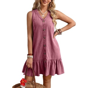 image:imageCHARTOU Women Ruffle Hem Denim Dress Summer Sleeveless Button Down Jean Vest Dress with PocketsRed