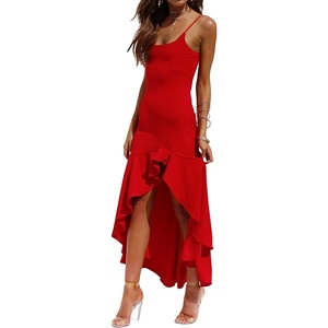 image:imageCHARTOU Womens Stretchy Spaghetti Straps High Slit Irregular Ruffled Bodycon Midi Long Mermaid DressRed