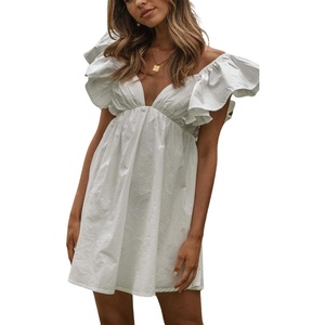 image:imageCHARTOU Womens Summer Cotton Ruffle Sleeve Short Dress Sexy V Neck Backless Puffy Pleated Babydoll DressWhite