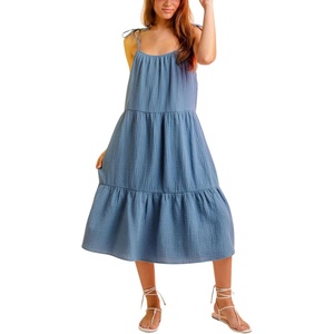 image:imageCHARTOU Womens Summer Spaghetti Straps Dress Cotton Linen Cinched Flowy Midi SundressBlue