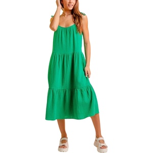image:imageCHARTOU Womens Summer Spaghetti Straps Dress Cotton Linen Cinched Flowy Midi SundressGreen