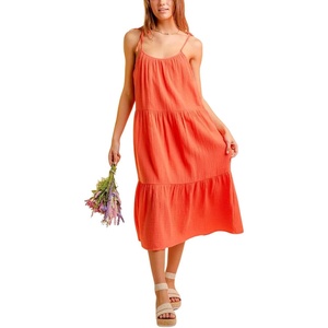 image:imageCHARTOU Womens Summer Spaghetti Straps Dress Cotton Linen Cinched Flowy Midi SundressOrange