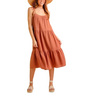 image:imageCHARTOU Womens Summer Spaghetti Straps Dress Cotton Linen Cinched Flowy Midi SundressRusty Red