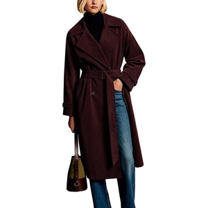 image:imageCHARTOU Women Oversized Corduroy Trench Coat Double Breasted Long Midi Jacket with BeltBurgundy