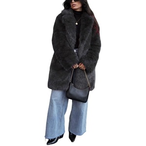 image:imageCHARTOU Womens Faux Fur Coat Luxury Fluffy Lapel Jacket MidLength Winter CoatBlack