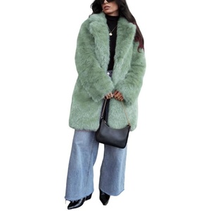 image:imageCHARTOU Womens Faux Fur Coat Luxury Fluffy Lapel Jacket MidLength Winter CoatGreen