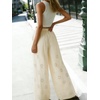 image:imageCHARTOU Women Summer Eyelet Wide Leg Pants Embroidery Floral Boho Drawstring Elastic Waist Flowy Pants with PocketsBeige