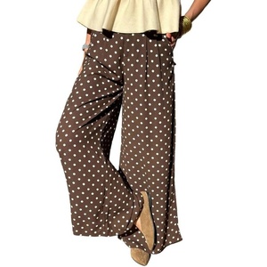 image:imageCHARTOU Women Polka Dot Palazzo Pants Summer Loose Wide Leg Pants Baggy Elastic High Waist Beach TrousersCoffee