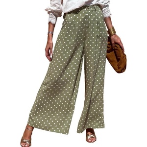 image:imageCHARTOU Women Polka Dot Palazzo Pants Summer Loose Wide Leg Pants Baggy Elastic High Waist Beach TrousersGreen