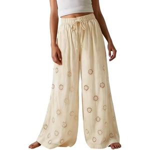 image:imageCHARTOU Women Summer Eyelet Wide Leg Pants Embroidery Floral Boho Drawstring Elastic Waist Flowy Pants with PocketsBeige