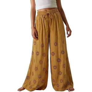 image:imageCHARTOU Women Summer Eyelet Wide Leg Pants Embroidery Floral Boho Drawstring Elastic Waist Flowy Pants with PocketsBrown