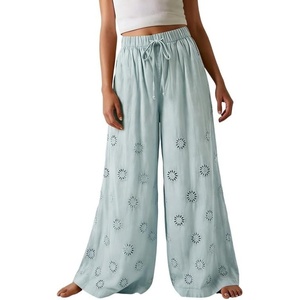 image:imageCHARTOU Women Summer Eyelet Wide Leg Pants Embroidery Floral Boho Drawstring Elastic Waist Flowy Pants with PocketsLight Blue
