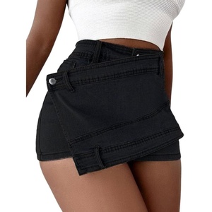 image:imageCHARTOU Womens Summer High Rise Asymmetrical Jean Shorts Criss Crossover Hot ShortsBlack